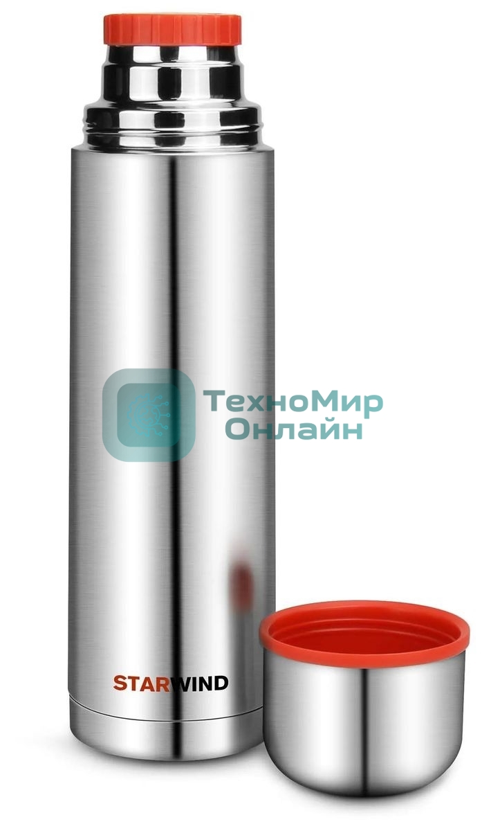 Термос Starwind 10-1000 1 л. серебристый/красный, картонная коробка