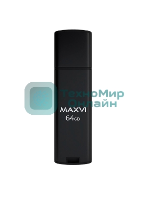 Флешка USB Maxvi MP2 64Gb USB 2.0 black, монолит с колпачком, ABS пластик + металл