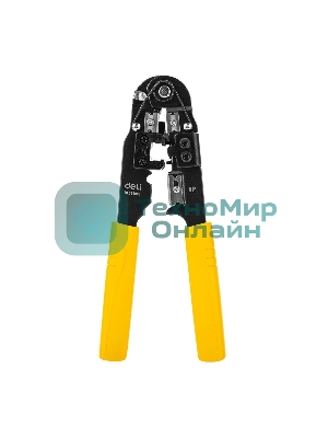Обжимные клещи Deli DL381008 RJ45 Размер: 205мм. Спецификация обжима: 8P. Холоднокатаный стальной лист с черной отделкой, ручка из ПВХ. Лезвие SK5. Инструмент для зачистки проводов, кусачки и обжимной инструмент 3-в-1.