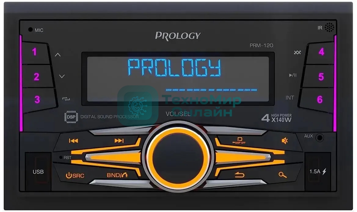 Автомагнитола Prology PRM-120, 2 DIN, Bluetooth, USB Type-A, AUX, пульт ДУ