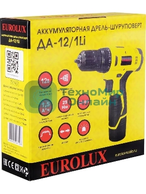 Дрель-шуруповерт Eurolux ДА-12/1Li, 12 В, 1.5 Ач, 25 Нм, щеточный