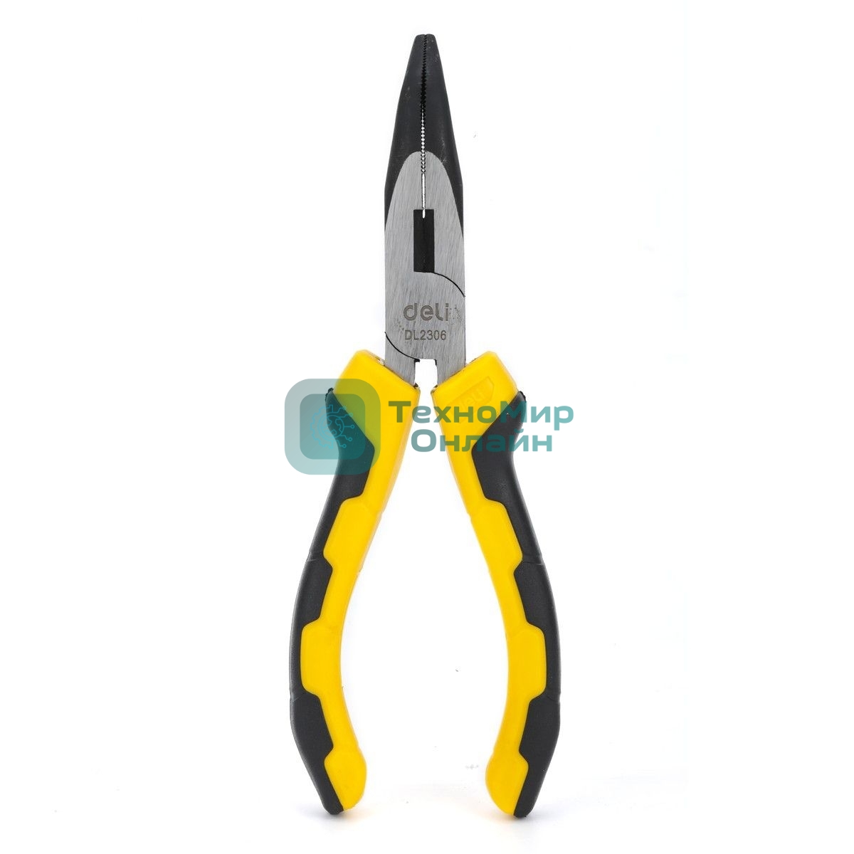 Удлиненные плоскогубцы с изогнутыми губками Deli DL2306 160мм, угол загиба губок 30°, сталь CrV, двухкомпонентная ручка (592412)