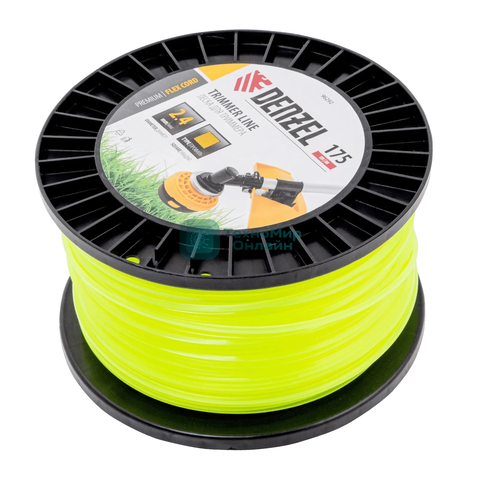 Леска для триммера Denzel квадрат, 2,4мм х 175м, на DIN катушке FLEX CORD