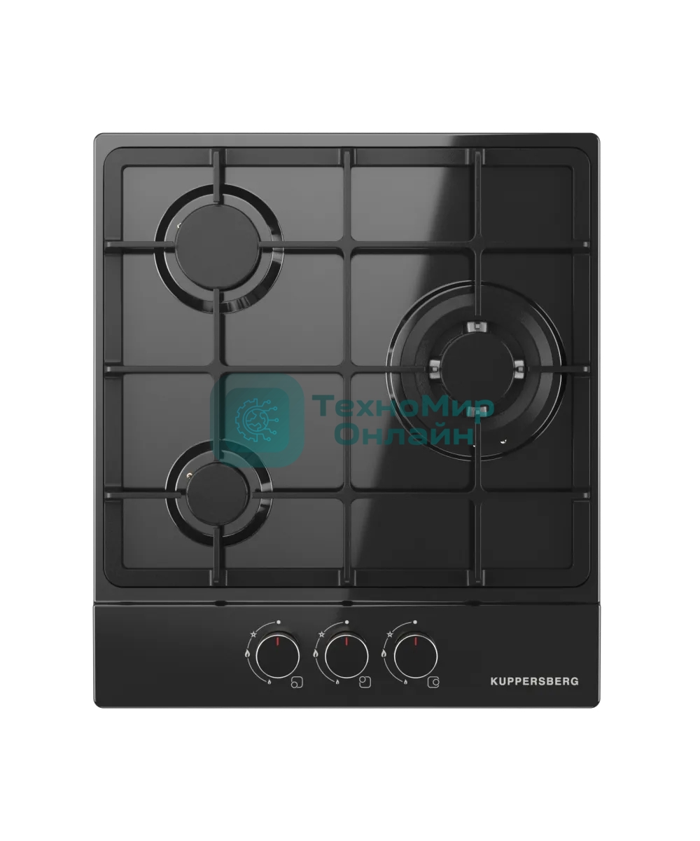Варочная поверхность Kuppersberg, газ, High-Tech, 45 см, автоматический электроподжиг, газ-контроль, SABAF конфорки, чугунные решетки, WOK конфорка, цвет черный, цвет фурнитуры черный
