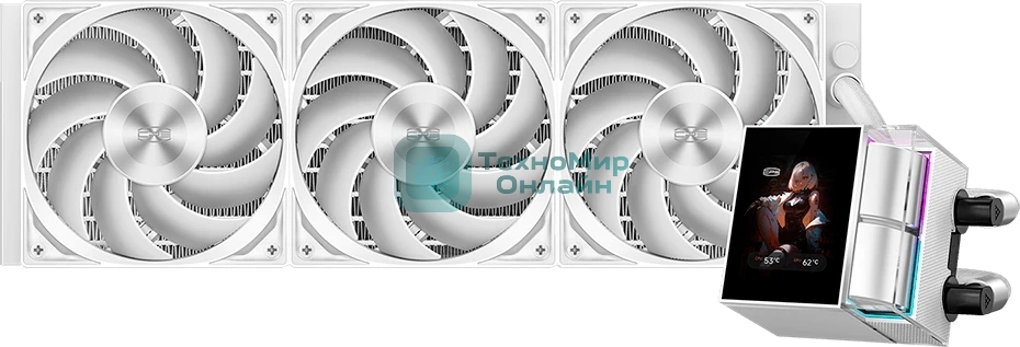 Система охлаждения Water Cooling System PCCooler DS360 Display WH (310W, 360мм, LED, белый, ARGb Pump/Fans: 3x120мм, 90.56CFM, 39.8dBA, 2500RPM/Pump height 65мм, 15dBA, 2600RPM, Rad thickness 27мм/S: 1851, 1700, 1200, 115X, AM5, AM4)