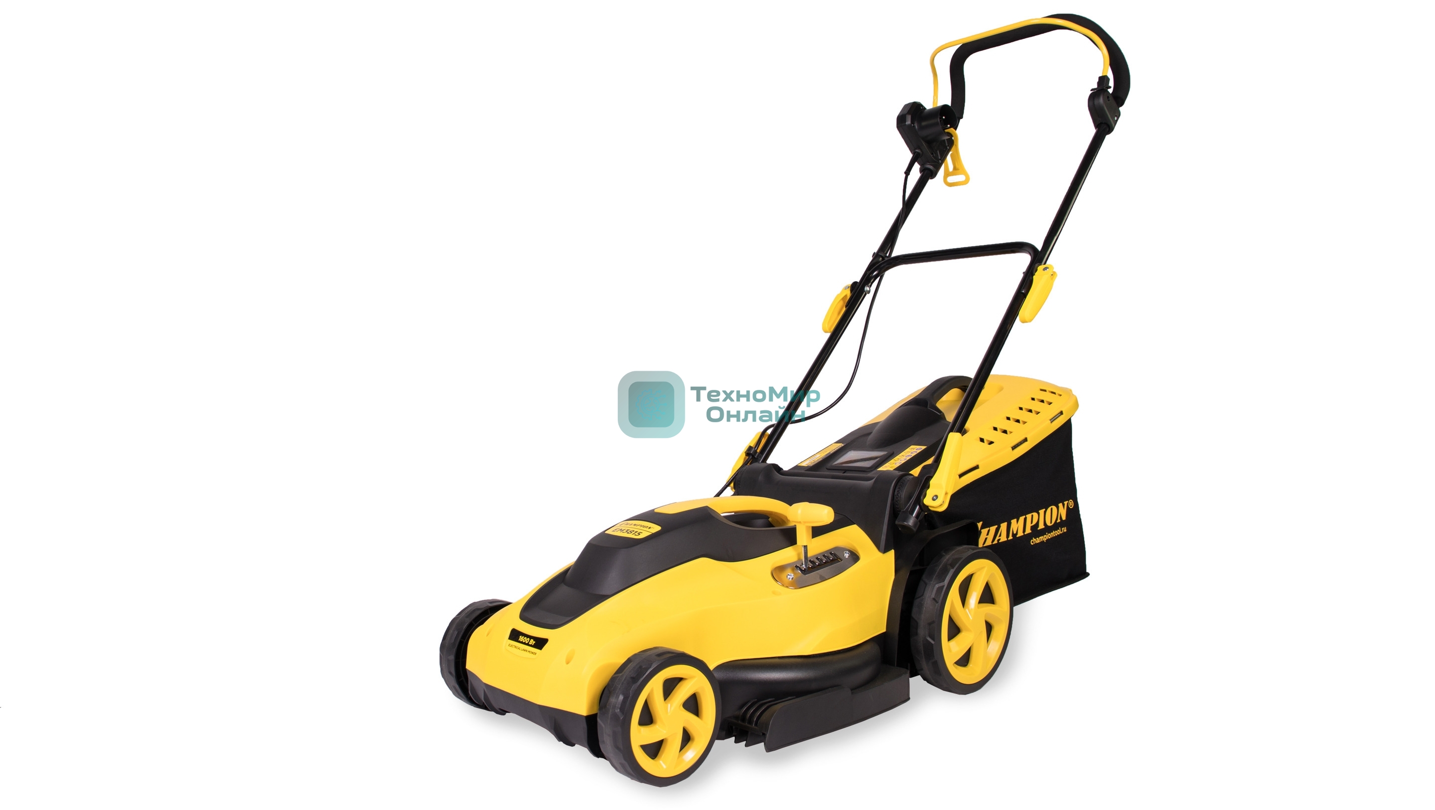 Газонокосилка электрическая Champion EM3815 1,6 кВт пласт+ткань травосб. 45л шир.380мм выс.20-70мм, 11,5кг