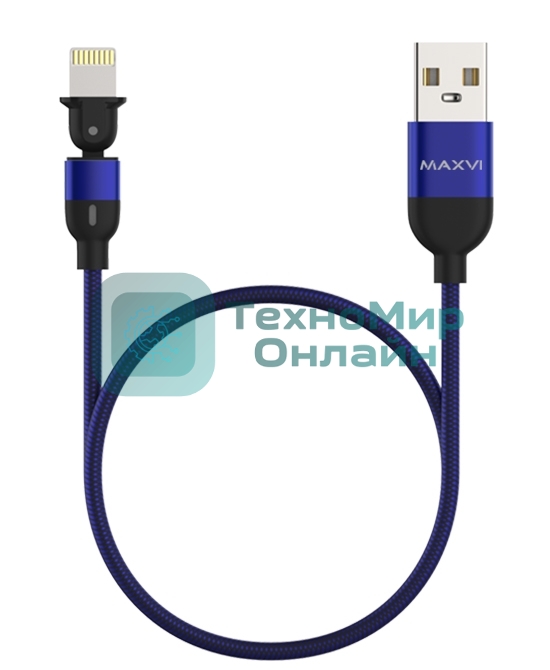 Кабель Maxvi MC-19L blue, USB-A - Lightning, 2.4A, LED ток макс. нагрузки 2.4А, макс. напряжение 5V; стандарт USB 2.0; длина кабеля 1.5м, нейлоновая оплетка, металлические корпуса разъемов,LED подсветка, цвет: синий