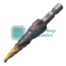 Сверло ступенчатое Denzel 4-5-6-7-8-9-10-11-12 мм, Р6М5К5, 6-гр. хвостовик 723612