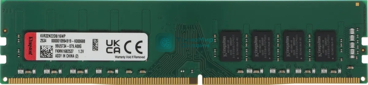 Оперативная память Kingston ValueRAM, DDR4, 16GB (1x16GB), 3200 MHz, CL22, без радиатора