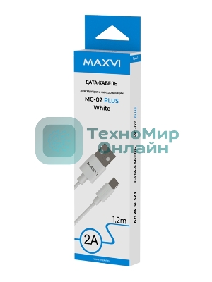 Кабель Maxvi MC-02 plus white USB-A - Type-C, 2A ток макс. нагрузки 2А, макс. напряжение 5V, длина кабеля 1.2м, материал PVC, белый