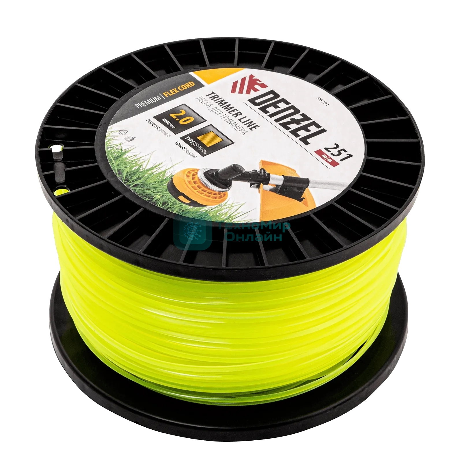 Леска для триммера Denzel квадрат, 2,0мм х 251м, на DIN катушке FLEX CORD