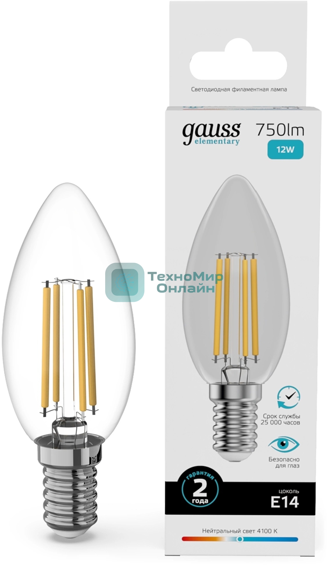 Лампа светодиодная филаментная Gauss Filament 12Вт цок.:E14 свеча св.свеч.бел.нейт. (упак.:10шт)