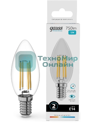 Лампа светодиодная филаментная Gauss Filament 12Вт цок.:E14 свеча св.свеч.бел.нейт. (упак.:10шт)