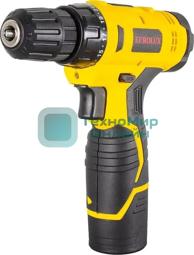Дрель-шуруповерт Eurolux ДА-12/1Li, 12 В, 1.5 Ач, 25 Нм, щеточный