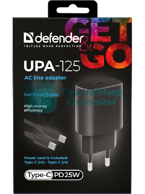 Сетевое зарядное устройство Defender UPA-125 25W,USB C,кабель Type-C,черный