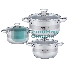 Набор посуды Zeidan Z-50632 6 предм.: кастрюля с/кр 2,0 л (16 см), кастрюля с/кр 3,0 л (18 см), кастрюля с/кр 4,0 л (20 см), нержавеющая сталь, комбинированная полировка снаружи, зеркальная полировка внутри, шкала литража, крышки - стекло, 5-ти СТЕПОВОЕ КАПСУЛИРОВАННОЕ