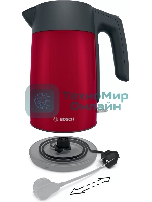 Чайник электрический Bosch TWK7L464 1.7 л, 2400 Вт., нерж.сталь, покрытая эмалью, красный, шкала уровня воды