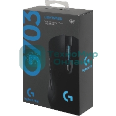Мышь игровая Logitech G703 Lightspeed черная, сенсор 100-25600dpi (Hero25K), беспроводная 2.4GHz + USB 1,8м, 5 программируемых кнопок + колесо прокрутки, RGB-подсветка, под правую руку