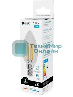 Лампа светодиодная филаментная Gauss Filament 12Вт цок.:E14 свеча св.свеч.бел.нейт. (упак.:10шт)