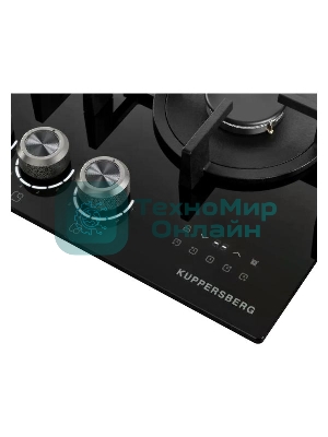 Варочная поверхность Kuppersberg FG 68 B газ, High-Tech, 60 см, автоматический электроподжиг, газ-контроль, форсунки под сжиженый газ, механическое/сенсорное управление, таймер, блокировка панели управления, подсветка панели управления, SABAF конфорки, чугунные решетки, цвет черный, цвет фурнитуры черно-серебристый