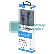 Кабель Maxvi MC-19M blue, USB-A - microUSB, 2.4A, LED ток макс. нагрузки 2.4А, макс. напряжение 5V; стандарт USB 2.0; длина кабеля 1.5м, нейлоновая оплетка, металлические корпуса разъемов, LED подсветка, цвет: синий