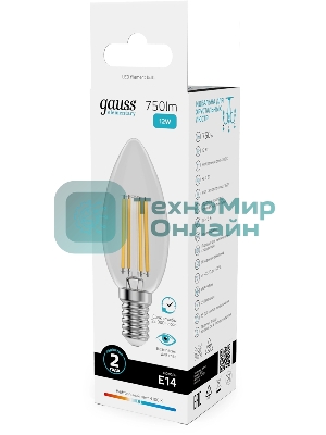Лампа светодиодная филаментная Gauss Filament 12Вт цок.:E14 свеча св.свеч.бел.нейт. (упак.:10шт)
