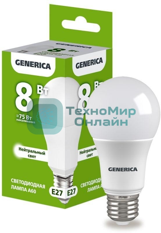 Лампа cветодиодная LED A60 IEK LL-A60-08-230-40-E27-G груша 8Вт 230В 4000К E27 GENERICA