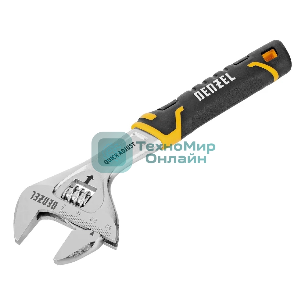 Ключ разводной Denzel 200 мм (раскрытие до 33 мм), CrV, с быстрым сбросом, кованый, TPR рукоятка