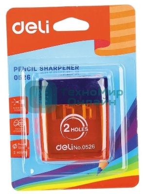 Точилка для карандашей ручная Deli E0526, 2 отверстия, пластик, ассорти блистер