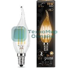 Лампа светодиодная филаментная Gauss Filament 11Вт цок.: E14 свеча 220B св. свеч. бел. теп. CF35 (упак.: 10 шт)