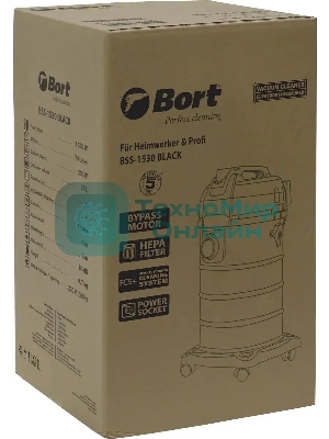 Пылесос профессиональный Bort BSS-1530 черный, 300/1500 Вт, уборка влажная/сухая, пылесборник мешок/контейнер 30л