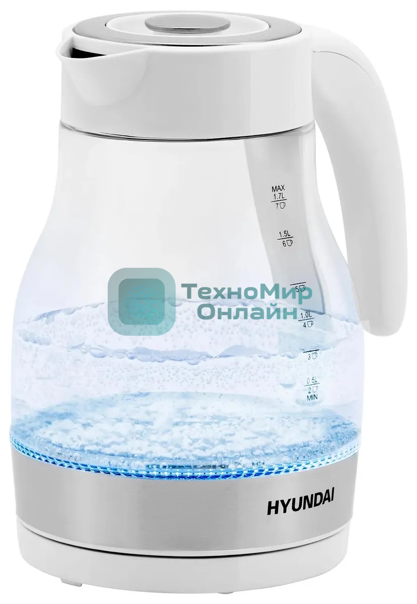 Чайник электрический Hyundai HYK-G3802 1.7 л, 2200 Вт, белый/серебристый (корпус: стекло)