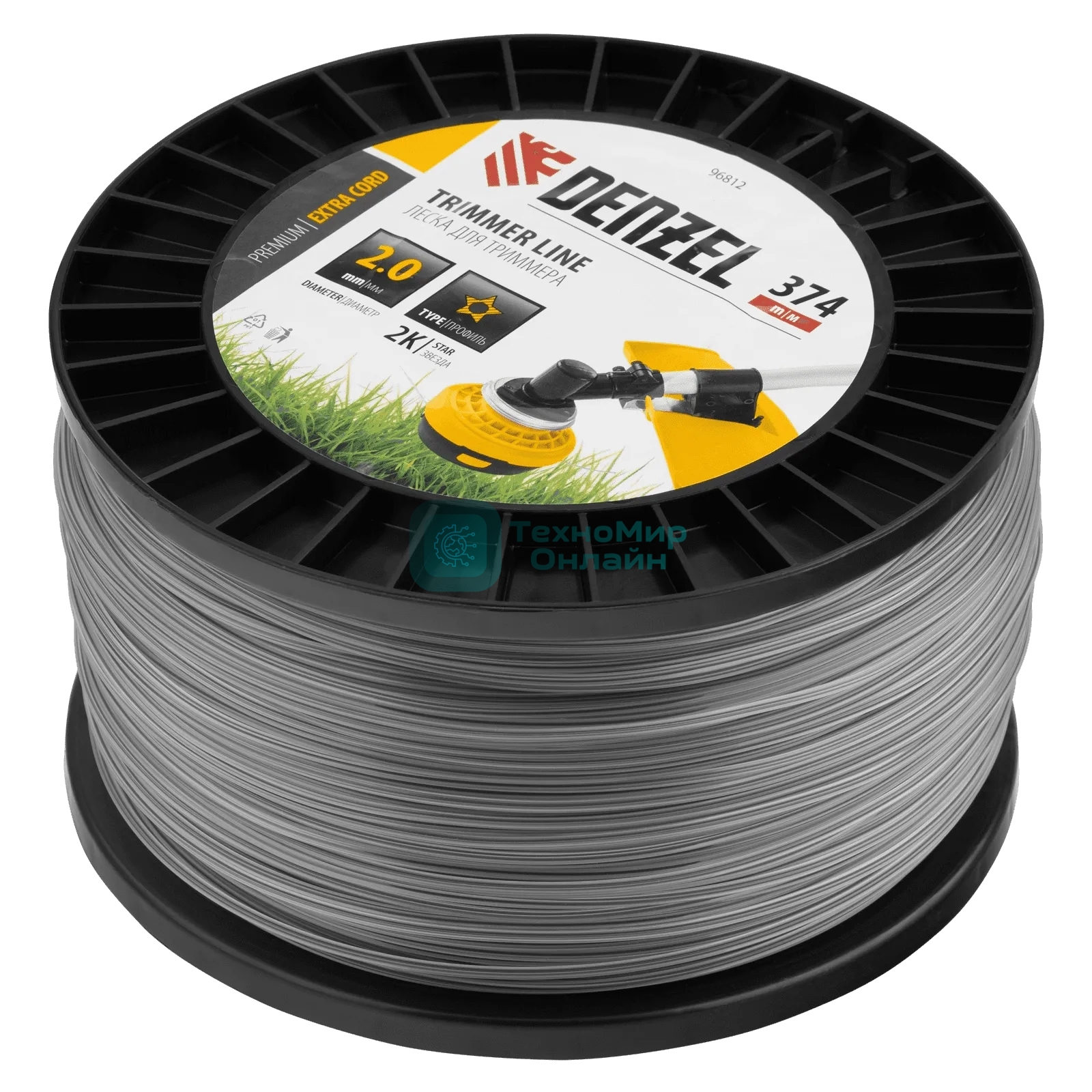 Леска для триммера Denzel двухкомпонентная звезда, 2,0мм х 374м, на DIN катушке EXTRA CORD