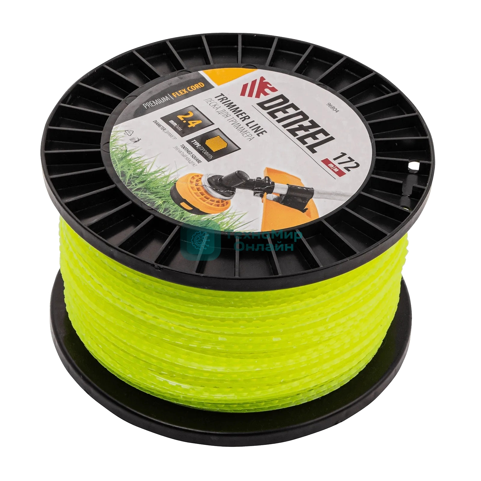 Леска для триммера Denzel зубчатый квадрат, 2,4мм х 172м, на DIN катушке FLEX CORD