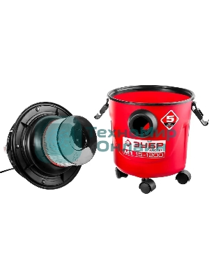 Строительный пылесос Зубр ПУ-15-1200 М1 красный/черный, 1200 Вт, уборка сухая/влажная, пылесборник мешок, 15 л