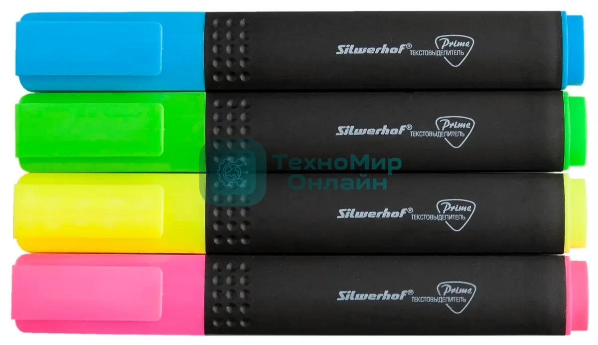 Набор текстовыделителей Silwerhof Prime+, скошенный пишущий наконечник, 1-4мм, 4 цвета, ассорти/голубой пакет с европодвесом (4шт.)
