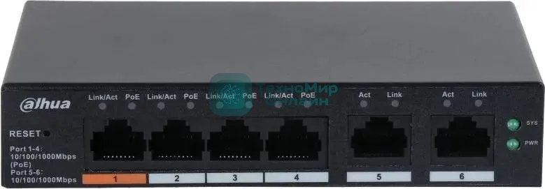 Коммутатор Dahua DH-CS4006-4GT-60 (L2) 4x1 Гбит/с 2xКомбо(1000BASE-T/SFP) 60W управляемый