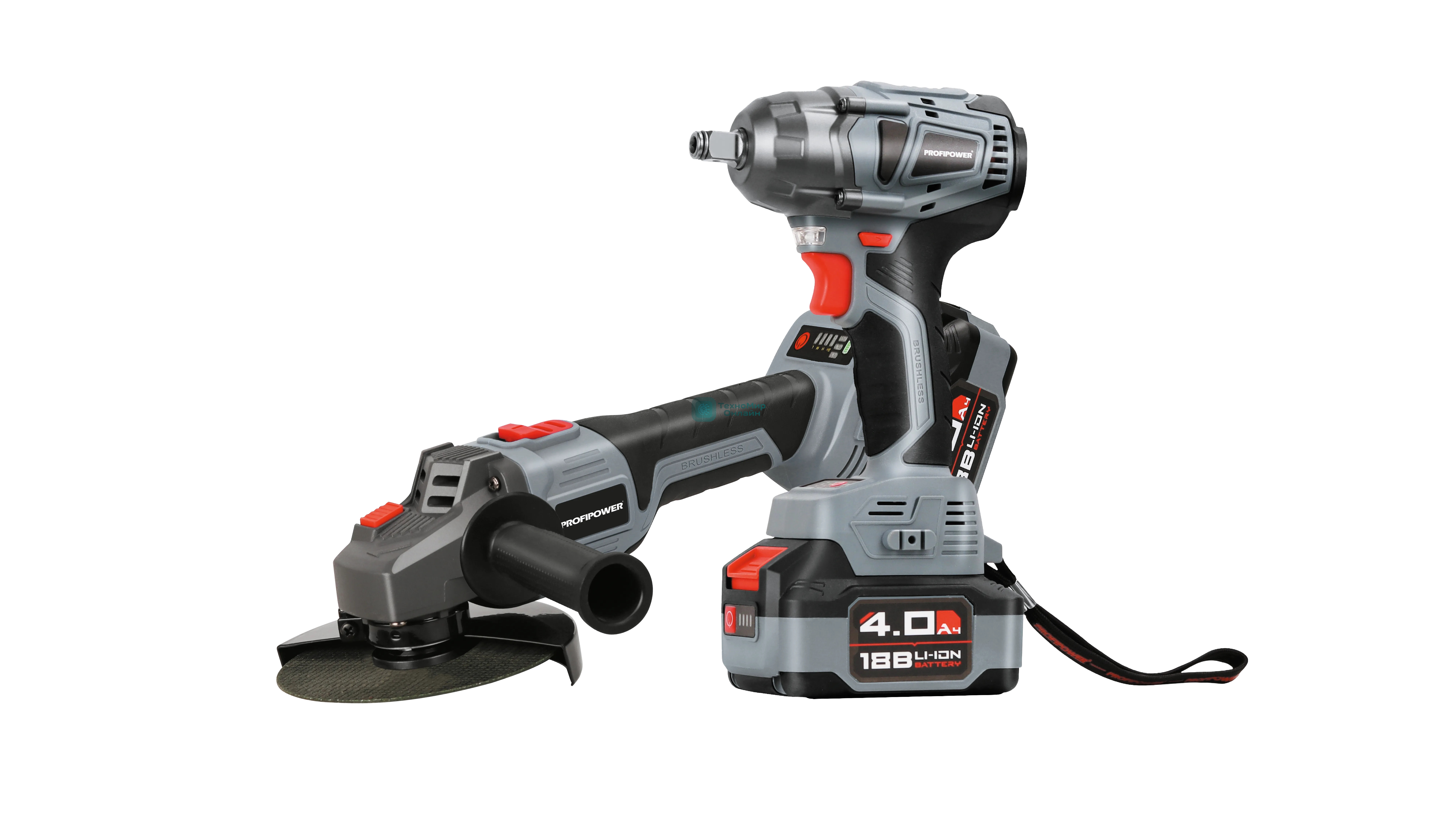 Аккумуляторный бесщеточный НАБОР 2в1 ProfiPower E0092: УШМ E0080 и гайковерт E0081 (Li-ion-2шт 18В, 4.0А·ч, З/У)