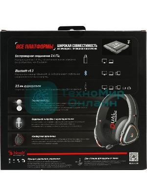 Гарнитура Bloody MR710 чёрный, беспроводная + проводная, Bluetooth, до 44 ч, подсветка