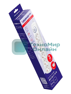 Сетевой фильтр Ippon BK-6-EU-3-16-W 3 м, 6 розеток, белый, коробка