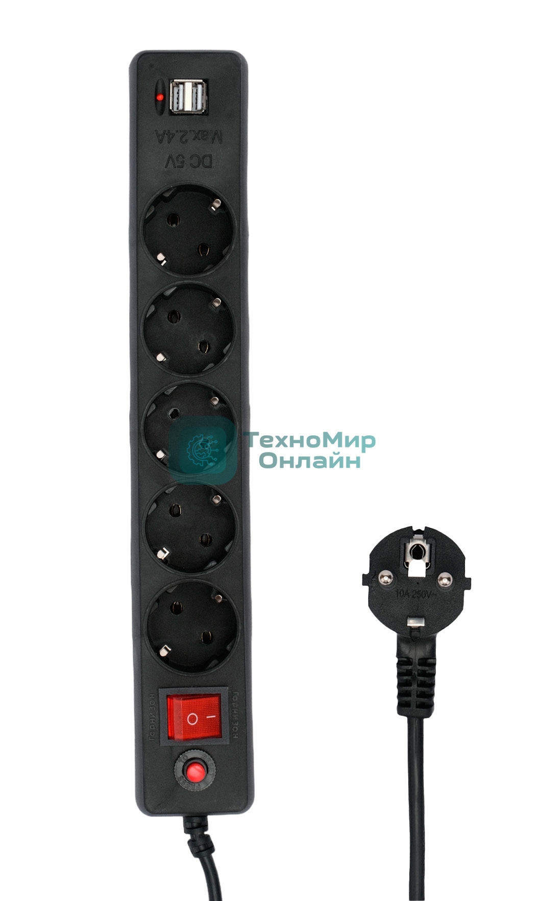 Сетевой фильтр Гарнизон 5 р, 10А, 2xUSB, 1.8 м, ур.защиты 4, черный, пакет