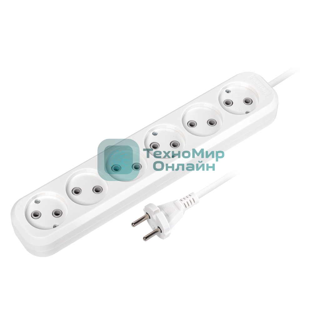 Удлинитель Smartbuy, 6 гнезд 10 метров 10А/2,2 кВт без заземления ПВС 2х1,0 (SBE-10-6-10-N)