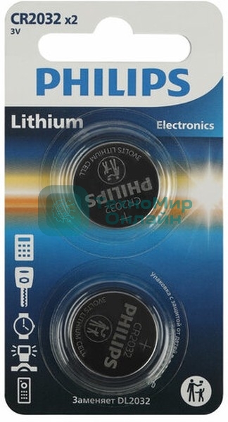 Элемент питания литиевый CR2032 (блист. 2шт) Philips Б0062716