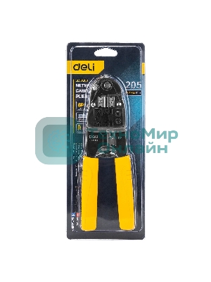 Обжимные клещи Deli DL381008 RJ45 Размер: 205мм. Спецификация обжима: 8P. Холоднокатаный стальной лист с черной отделкой, ручка из ПВХ. Лезвие SK5. Инструмент для зачистки проводов, кусачки и обжимной инструмент 3-в-1.