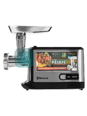 Мясорубка электрическая Sakura SA-6419BK Premium серебристый/черный, 2000 Вт, 2.0 кг/мин, реверс, защита от перегрузки, насадки - 2
