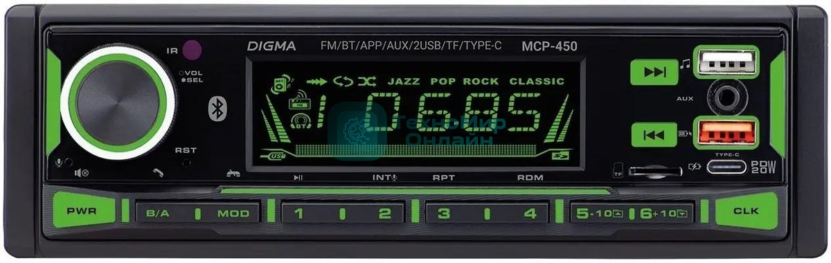Автомагнитола Digma MCP-450, 1 DIN, Bluetooth, USB Type-A, AUX, пульт ДУ