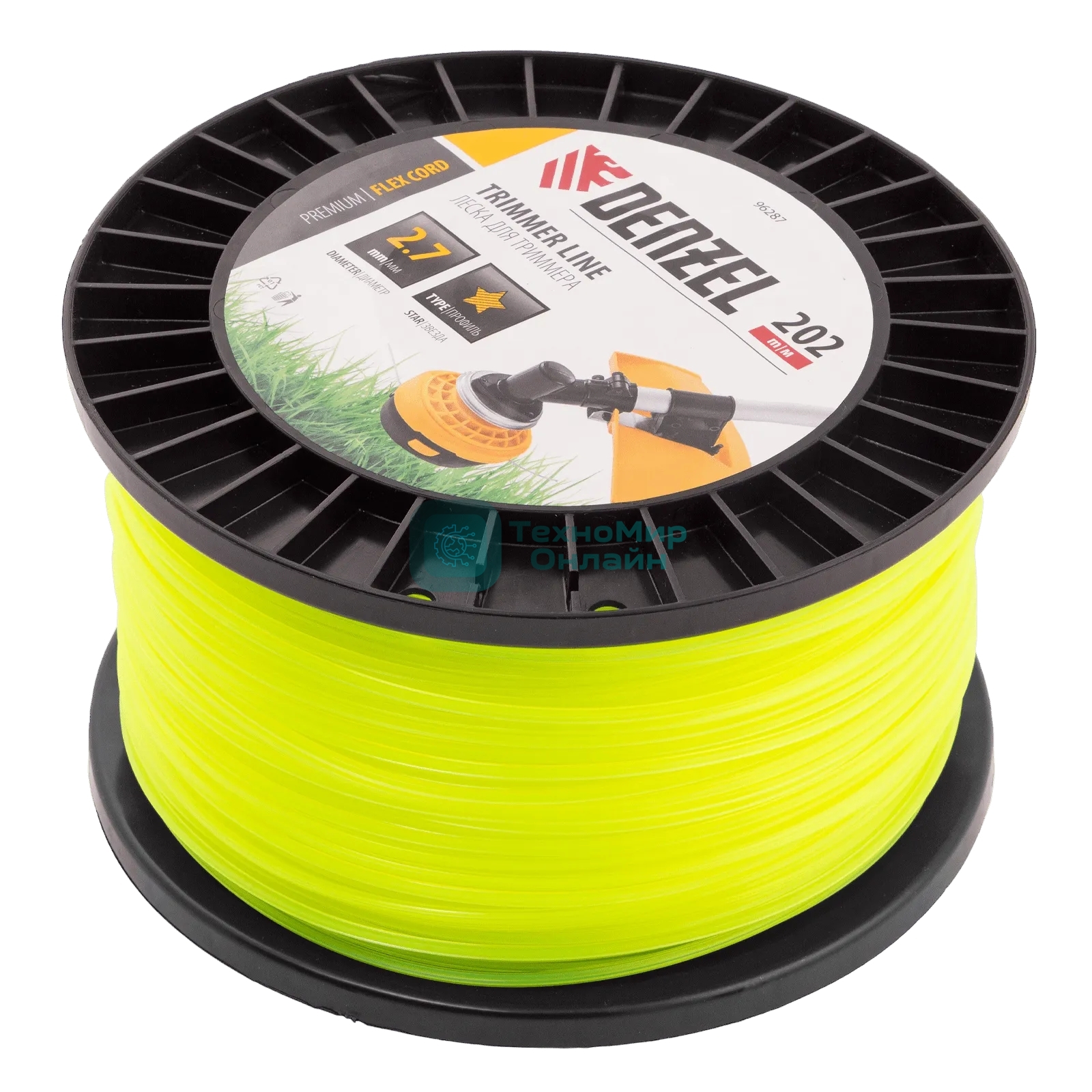 Леска для триммера Denzel звезда, 2,7мм х 202м, на DIN катушке FLEX CORD