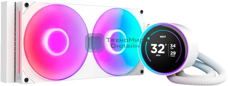 Система жидкостного охлаждения для ПК/Water Cooling System NZXT Kraken Elite 280 RGb (250W, 280мм, LED temp., белый/Fans: 2x140мм, 98.61CFM, 34.5dBA, 2000RPM/Pump height 65мм, 2800RPM, Rad thickness 27мм/S: 1851, 1700, 1200, 115X, AM5, AM4)