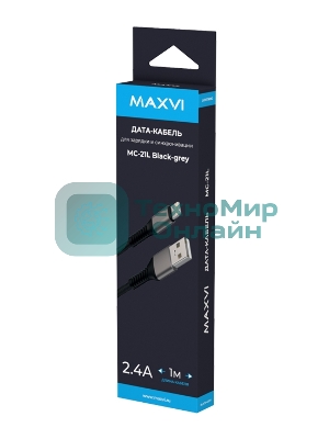 Дата-кабель Maxvi MC-21L USB-Lightning 2.4А, 1м, black-grey