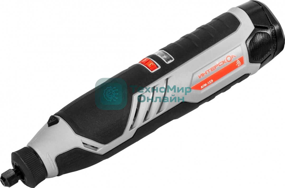 Прямошлифовальная машина (гравер) ИНТЕРСКОЛ АГМ-12Э аккум. АПИ-Т (Li-ion, кейс, 2 аккум., 2,0 Ач, ЗУ, набор 58 пр.)